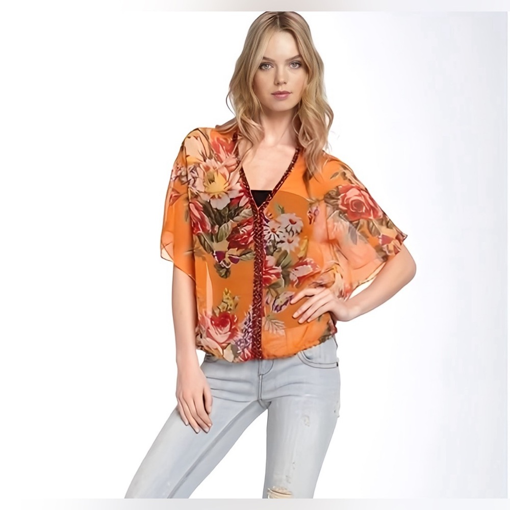 🌺Free People Beaded Sheer Genius Floral Chiffon Blouse🌸🌺